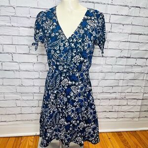 J. Crew Womens Blue Lined V-Neck Short Sleeve Faux Wrap Floral Midi Dress Size 4